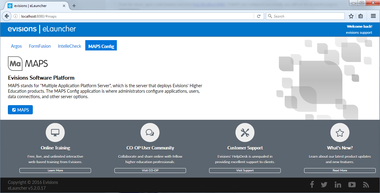 The Evisions eLauncher application with the MAPS tab open.